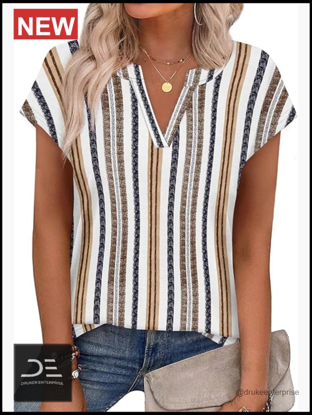 V Neck Cap Sleeve T Shirt Business Casual Loose Fit Polyester Spandex Tee